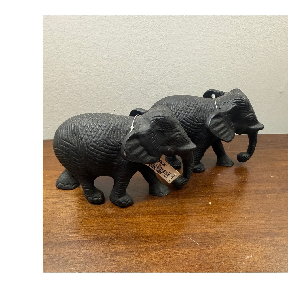 IKEA Cast Iron Elephant Figurines Set of 2 Black Textured Metal Sculptures 16834